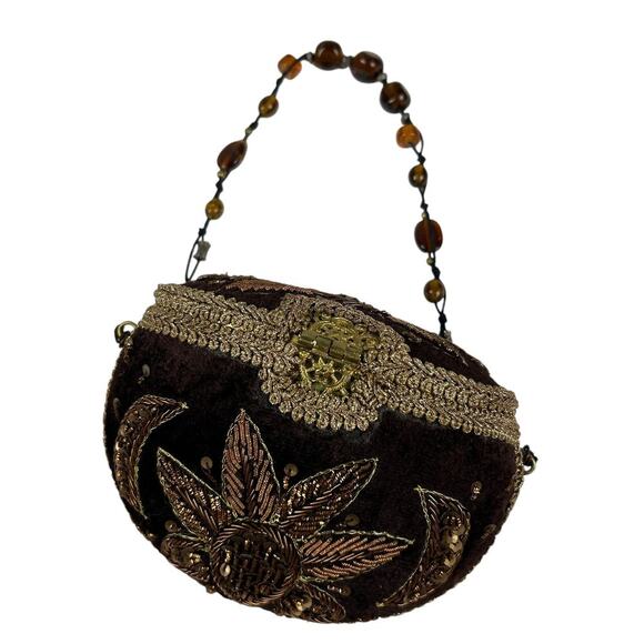 Vintage 70s Indian Handmade Brown Velvet Structured Beaded Mini Bag - Picture 2 of 6